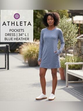 Athleta Heathered Blue Uptempo Long Sleeve Thumb Holes Pocket Dress Size: S